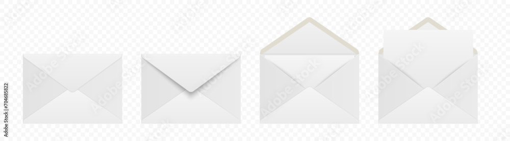 Vector White Envelopes with Blank Letter. Folded, Unfolded Isolated Envelope Set. Design Template. Message, Notification, Mailing, Surprise and Congratulations Concept Vector White Envelopes with Blank Letter. Folded, Unfolded Isolated Envelope Set. Design Template. Message, Notification, Mailing, Surprise and Congratulations Concept
