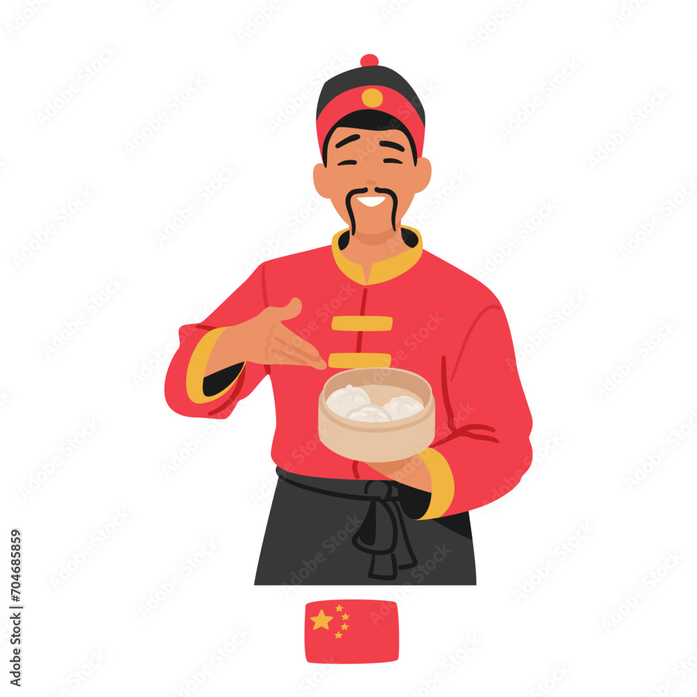 Chinese Chef Character Skillfully Prepares A Tray Of Steaming Dumplings, Showcasing The Artistry And Exquisite Flavors Chinese Chef Character Skillfully Prepares A Tray Of Steaming Dumplings, Showcasing The Artistry And Exquisite Flavors