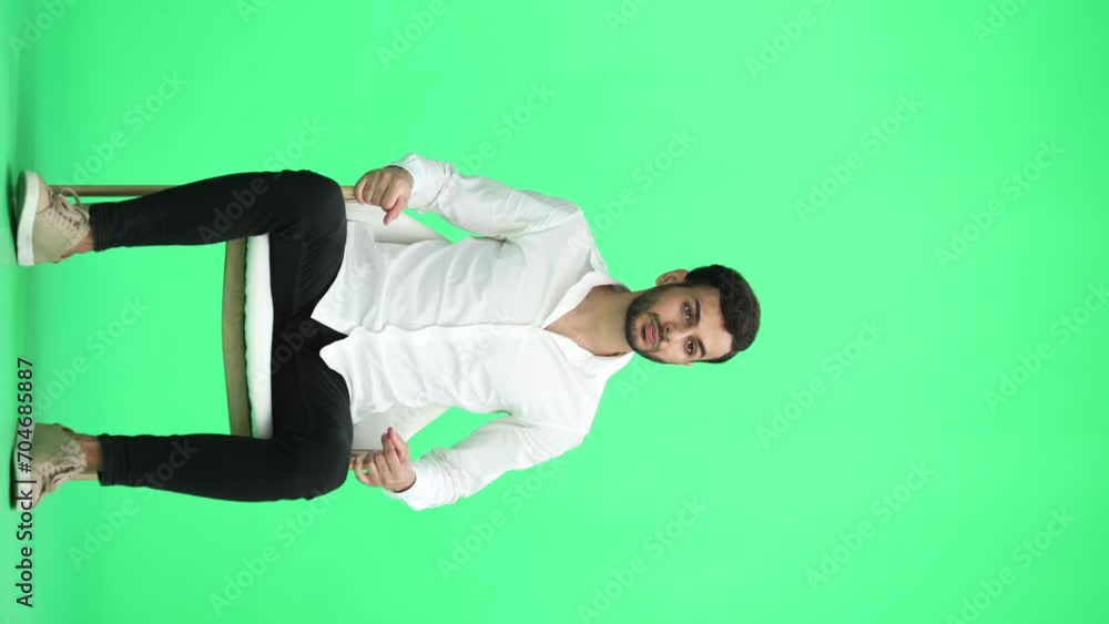 A man in a green shirt on a green background is sitting on a chair and waiting