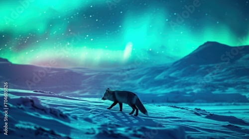 a lone wolf walking across a snow covered field under a green and blue sky with the aurora lights in the background.