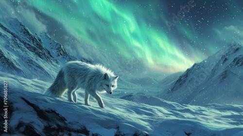  a white wolf standing on top of a snow covered mountain under a sky filled with green and blue aurora lights.
