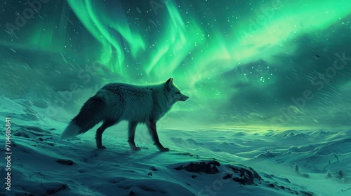  a wolf standing on top of a snow covered hillside under a green sky filled with aurora bores and stars.