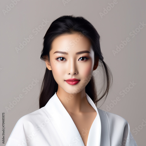 Asian woman over solid background