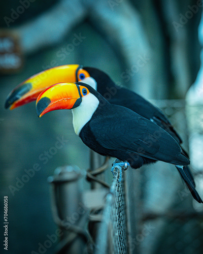 Toucans sitting on a fence.