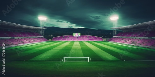 Empty soccer stadium with purple seats at night
