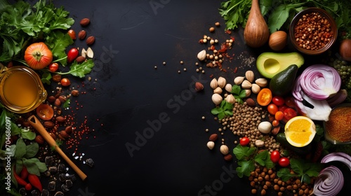 Vibrant green salad with assorted leaves, vegetables, and seeds on black stone background.