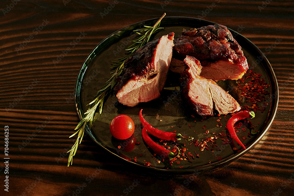 Prepared meat with pepper and rosemary on a wooden table in contrast light