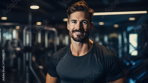 Close up image of attractive smiling fit man in gym. wellness and healthy lifestyle with gym. Personal trainer