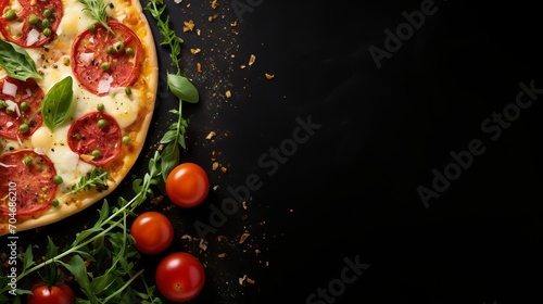 Gourmet pizza on black stone, top view, delicious toppings, empty space for text on left side