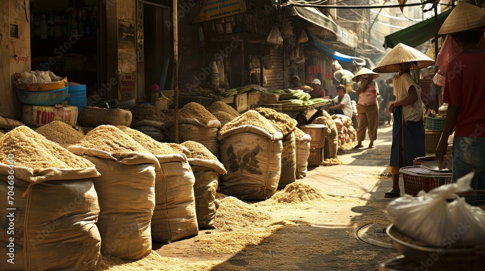  a group of people walking down a street next to a pile of bags filled with sand next to a row of bags filled with sand.