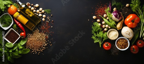 Vibrant green salad with assorted leaves, vegetables, seeds, and olive oil on black stone top view