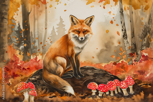 watercolor forest animal   fox, deer, rabbit, mushrooms, trees © Kai
