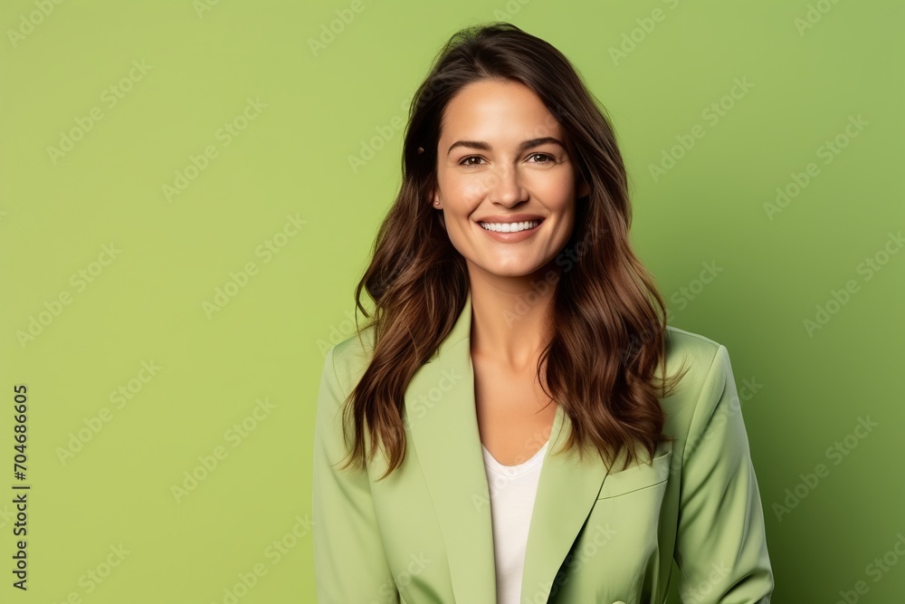 Portrait of a smiling young businesswoman in green suit over green background Portrait of a smiling young businesswoman in green suit over green background