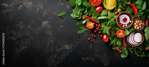 Assorted green salad with seeds and olive oil on black stonetop view with empty space for text.