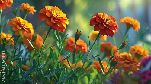  a bunch of orange and yellow flowers in a field of green and yellow flowers in a field of orange and yellow flowers.