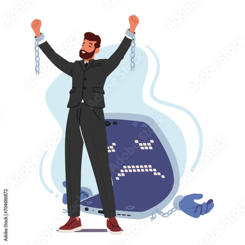 Determined Man Shatters The Chains Of Cellphone Addiction, Symbolizing Liberation And Reclaiming Control Over Time
