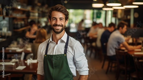 Portrait of a Smiling Male Server in a Busy Restaurant