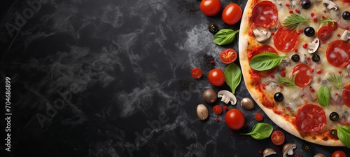 Delicious pizza on black stone, top view with fresh ingredients, text space on left side.