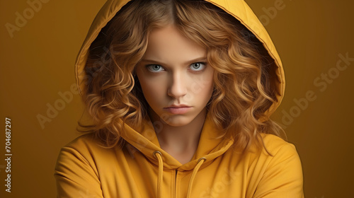 Sad Young girl With Blue Eyes in Yellow Hoodie
