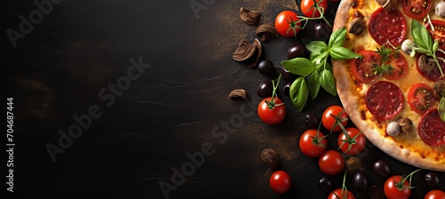 Delicious gourmet pizza on black stone background with top view and fresh ingredients