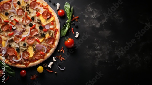 Delicious pizza with assorted toppings on black stone background, top view with empty space for text