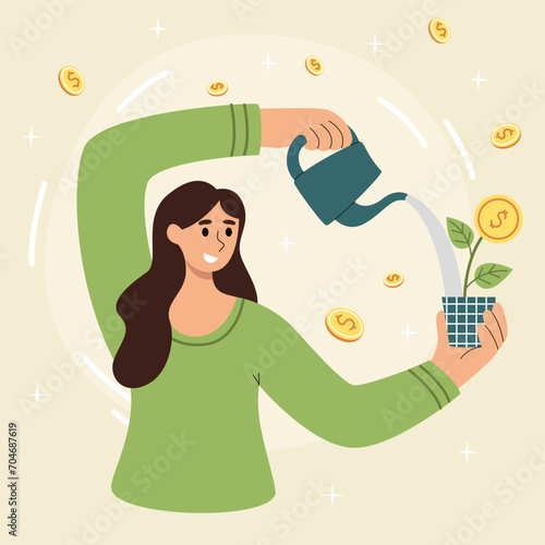 Vector illustration of a girl watering a money plant. The concept of achieving financial success, financial management, managing financial income, finance, money, success.