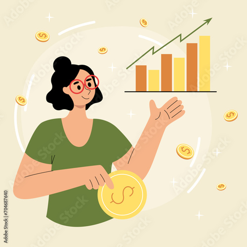 Vector illustration of a girl achieving financial success. Concept of financial management, managing financial income, finance, money, success.
