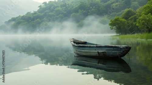  a small boat floating on top of a lake next to a lush green hillside covered in trees and mist covered mountains.