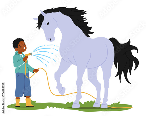 Cheerful Little Boy Character Joyfully Washes A Content Horse With A Hose In A Sunlit Summer Field  Vector Illustration