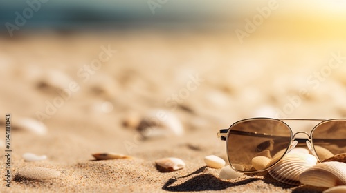 Beach vacation essentials with bikini, sunglasses, passport, and ticket on sandy background