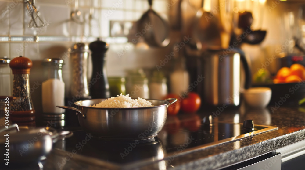 a bowl of rice sitting on top of a stove next to pots and pans of cooking utensils. a bowl of rice sitting on top of a stove next to pots and pans of cooking utensils.
