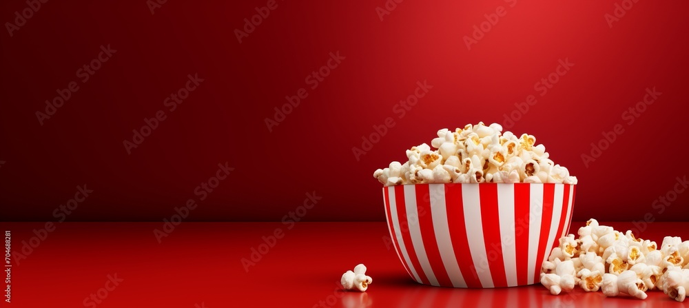 Striped box with popcorn on red gradient background, spacious empty space for text design
