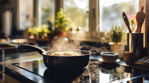  a frying pan filled with rice sitting on top of a stove top next to a pot of broccoli.