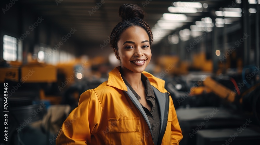 Portrait of a smiling African American female engineer in a hard hat standing in a factory. Portrait of a smiling African American female engineer in a hard hat standing in a factory.