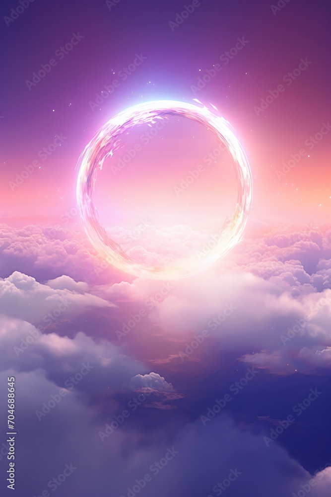 Fantasy landscape with a glowing ring in the sky above the clouds Fantasy landscape with a glowing ring in the sky above the clouds