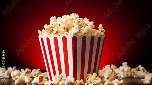 Striped box of popcorn on red gradient background with ample space for copy or design elements