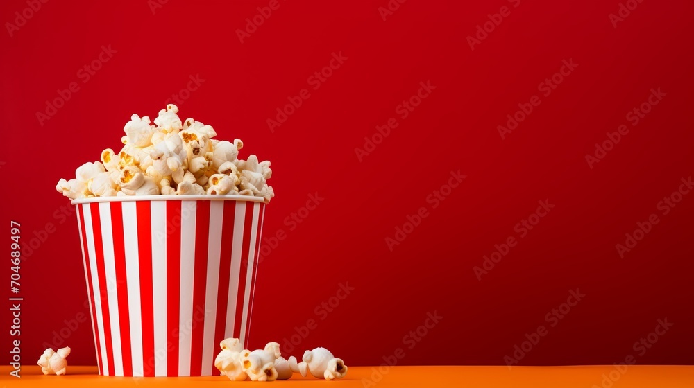 Striped popcorn box with fresh corn on red gradient background, ample empty space for copy design