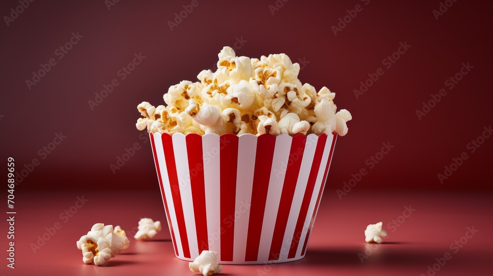 Striped popcorn box with delicious popcorn on red gradient background and spacious empty space