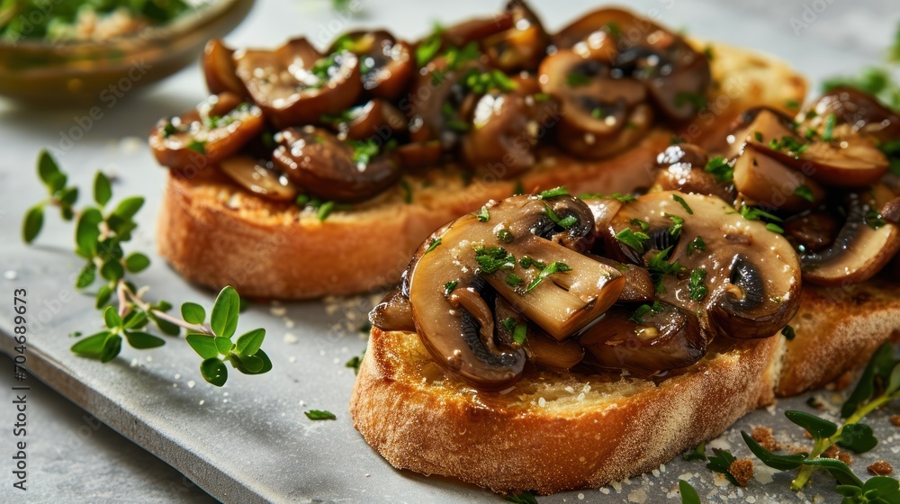 a close up of a piece of bread with mushrooms on it and a small bowl of herbs in the background. a close up of a piece of bread with mushrooms on it and a small bowl of herbs in the background.