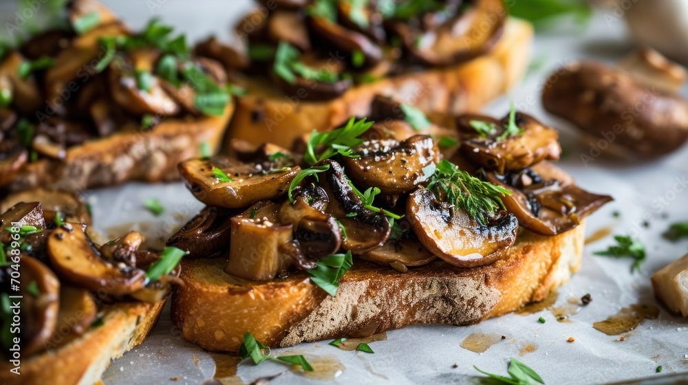 a close up of a piece of bread with mushrooms on it and a bunch of herbs on top of it. a close up of a piece of bread with mushrooms on it and a bunch of herbs on top of it.