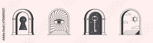 Vector mystic logo design templates with portals,sun,steps,keyhole,key and eye.Surreal abstract illustrations in trendy minimal outline style.Enlightenment emblems.Branding design templates.