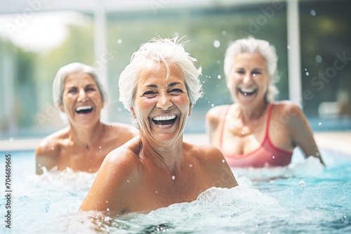 Three elderly women having fun in a swimming pool, © duyina1990