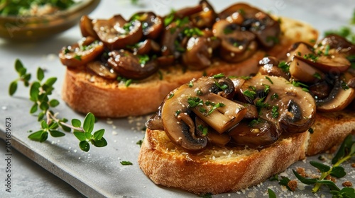  a close up of a piece of bread with mushrooms on it and a small bowl of herbs in the background.