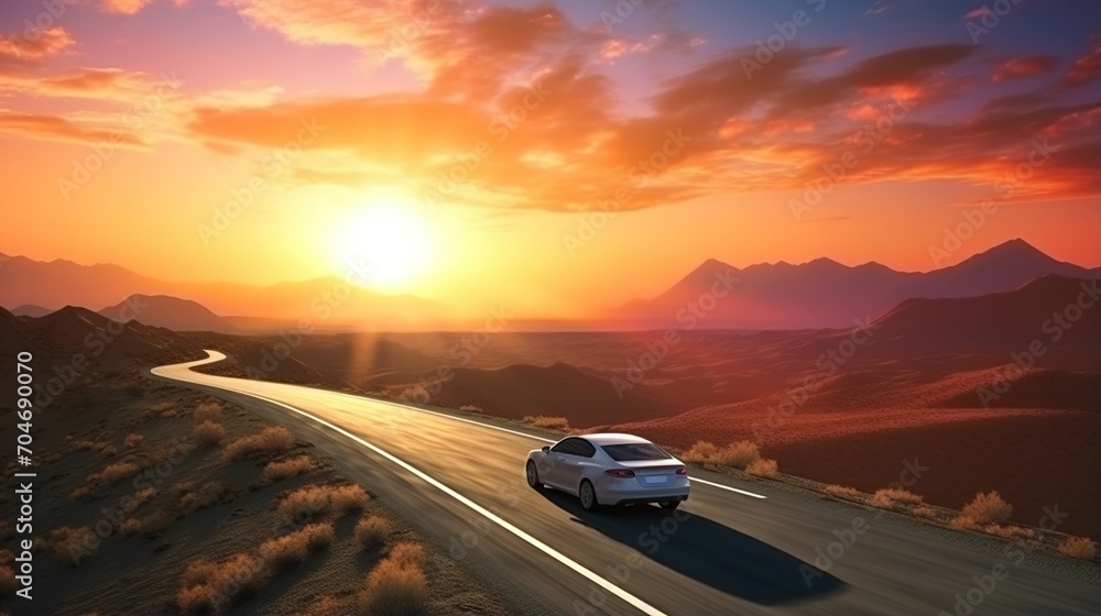Car driving on a winding road through a desert landscape at sunset