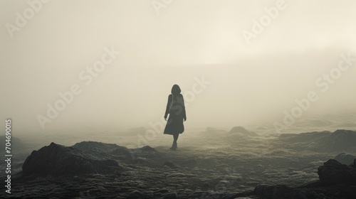  a person standing in the middle of a field on a foggy day with their back turned to the camera. photo