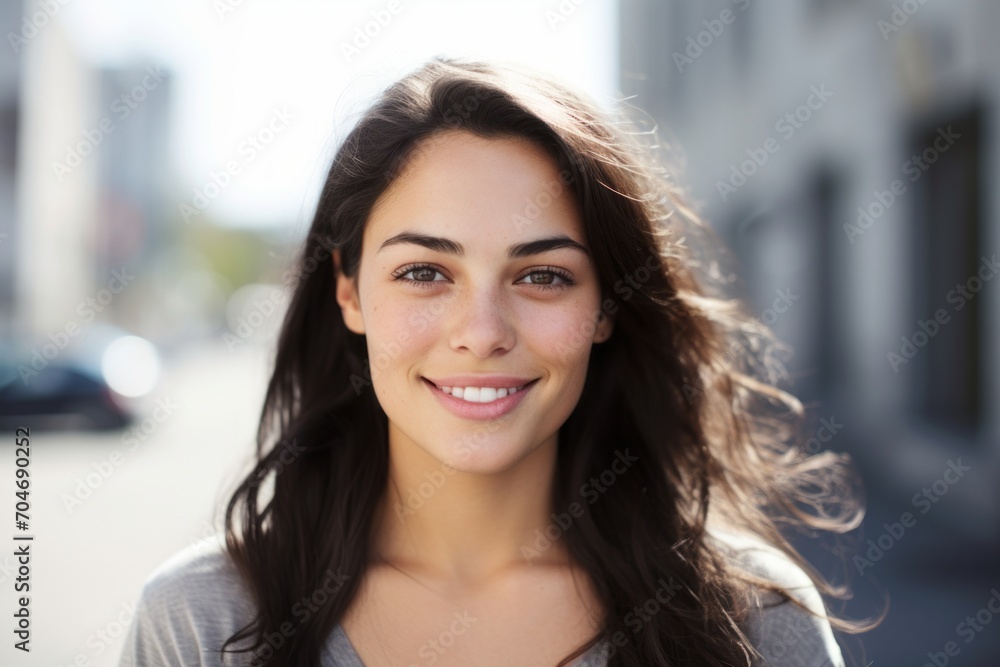 Portrait of smiling young woman with long brunette hair in urban background