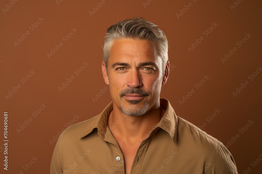 Portrait of a handsome middle-aged man with gray hair on a brown background Portrait of a handsome middle-aged man with gray hair on a brown background