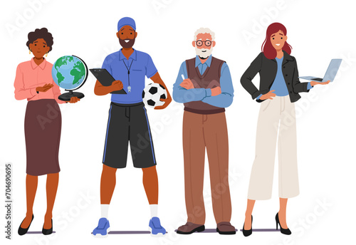 Male And Female Teachers Stand With Authority In A Disciplined Row, Ready To Impart Knowledge. Dressed Professionally