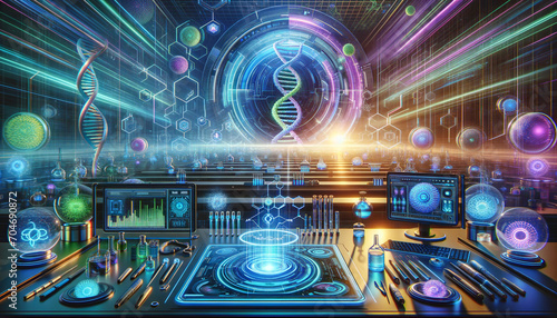 Biotech Facility with Advanced Holographic Interface and Futuristic Gadgets.