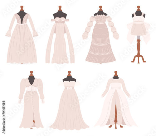Wedding Dresses Collection, Showcasing Elegant Timeless Designs, Intricate Lacework And Flowing Silhouettes, Vector Set